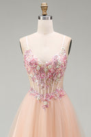 Load image into Gallery viewer, Sparkly Champagne Corset Beaded Floral A Line Long Prom Dress