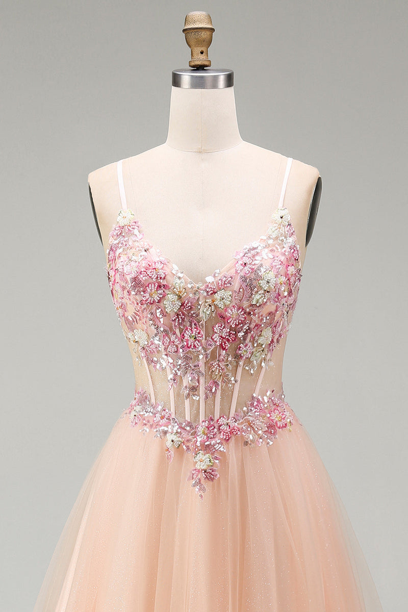 Load image into Gallery viewer, Sparkly Champagne Corset Beaded Floral A Line Long Prom Dress
