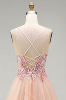Load image into Gallery viewer, Sparkly Champagne Corset Beaded Floral A Line Long Prom Dress
