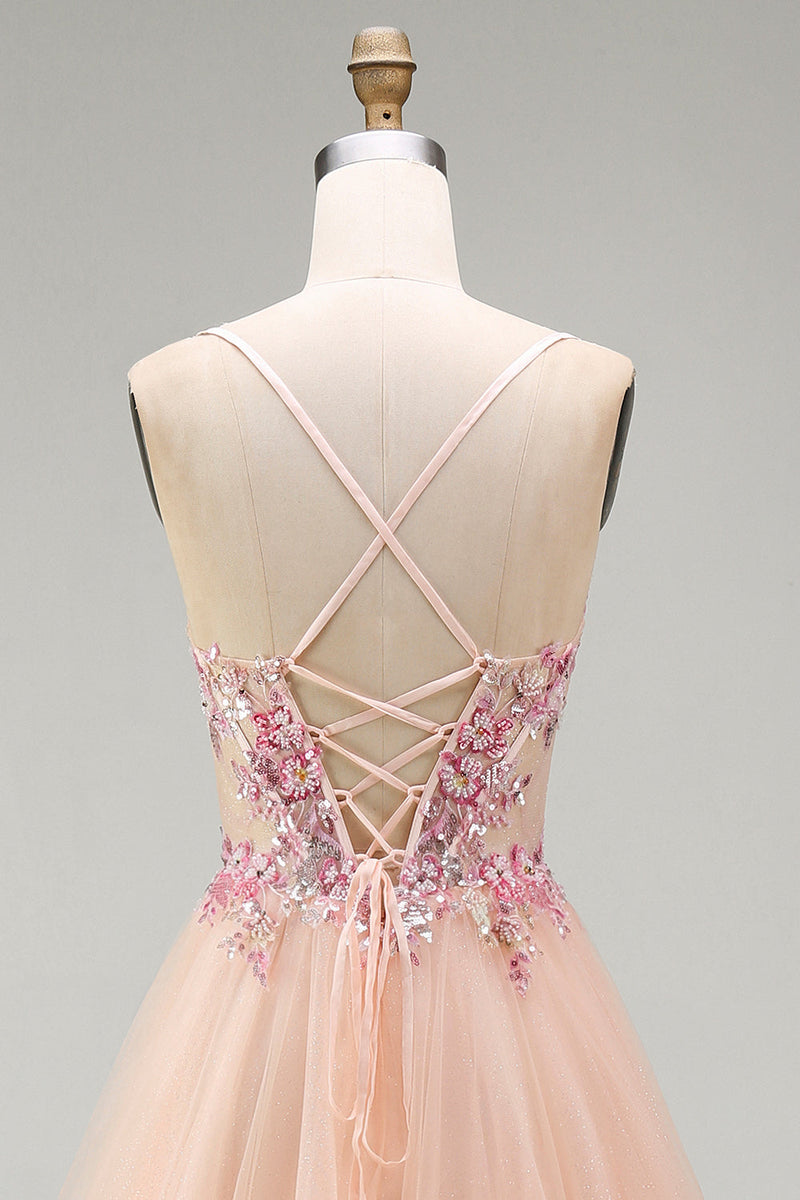 Load image into Gallery viewer, Sparkly Champagne Corset Beaded Floral A Line Long Prom Dress