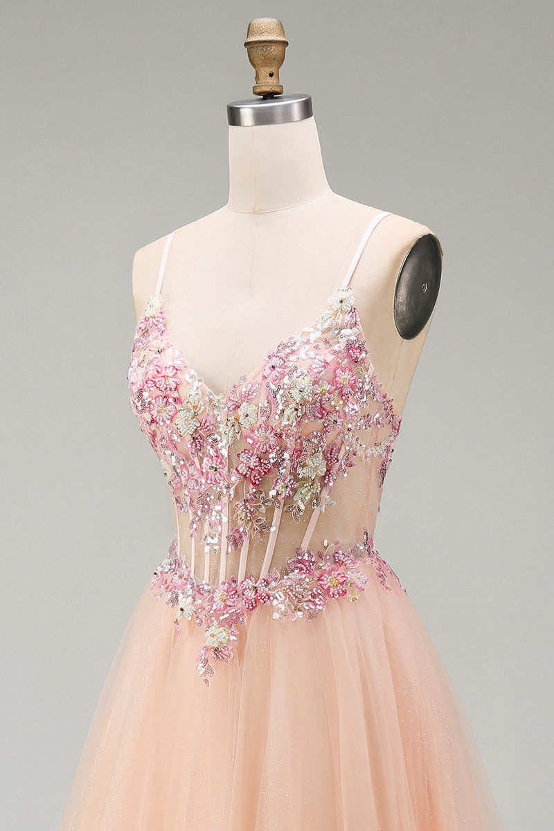 Load image into Gallery viewer, Sparkly Champagne Corset Beaded Floral A Line Long Prom Dress