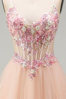 Load image into Gallery viewer, Sparkly Champagne Corset Beaded Floral A Line Long Prom Dress
