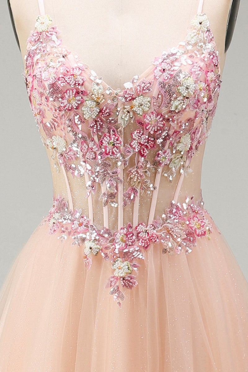 Load image into Gallery viewer, Sparkly Champagne Corset Beaded Floral A Line Long Prom Dress