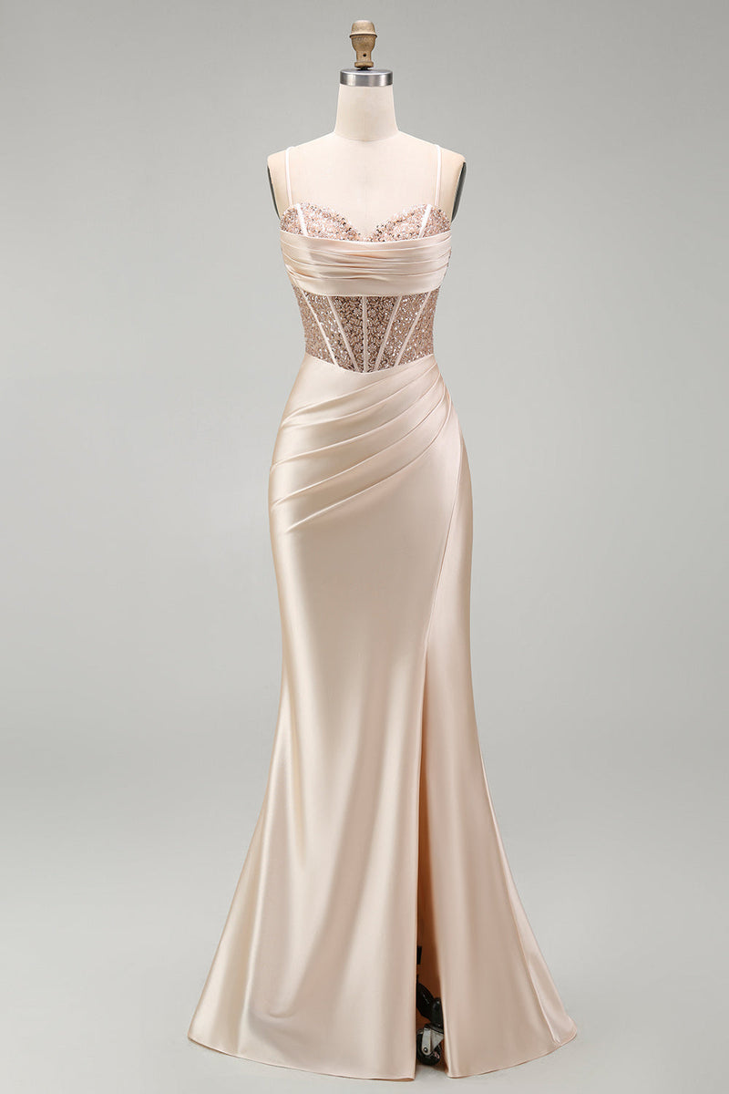 Load image into Gallery viewer, Sparkly Champagne Beaded Corset Mermaid Long Prom Dress with Slit