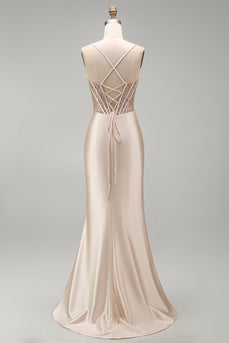 Sparkly Champagne Beaded Corset Mermaid Long Prom Dress with Slit