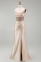 Load image into Gallery viewer, Sparkly Champagne Beaded Corset Mermaid Long Prom Dress with Slit