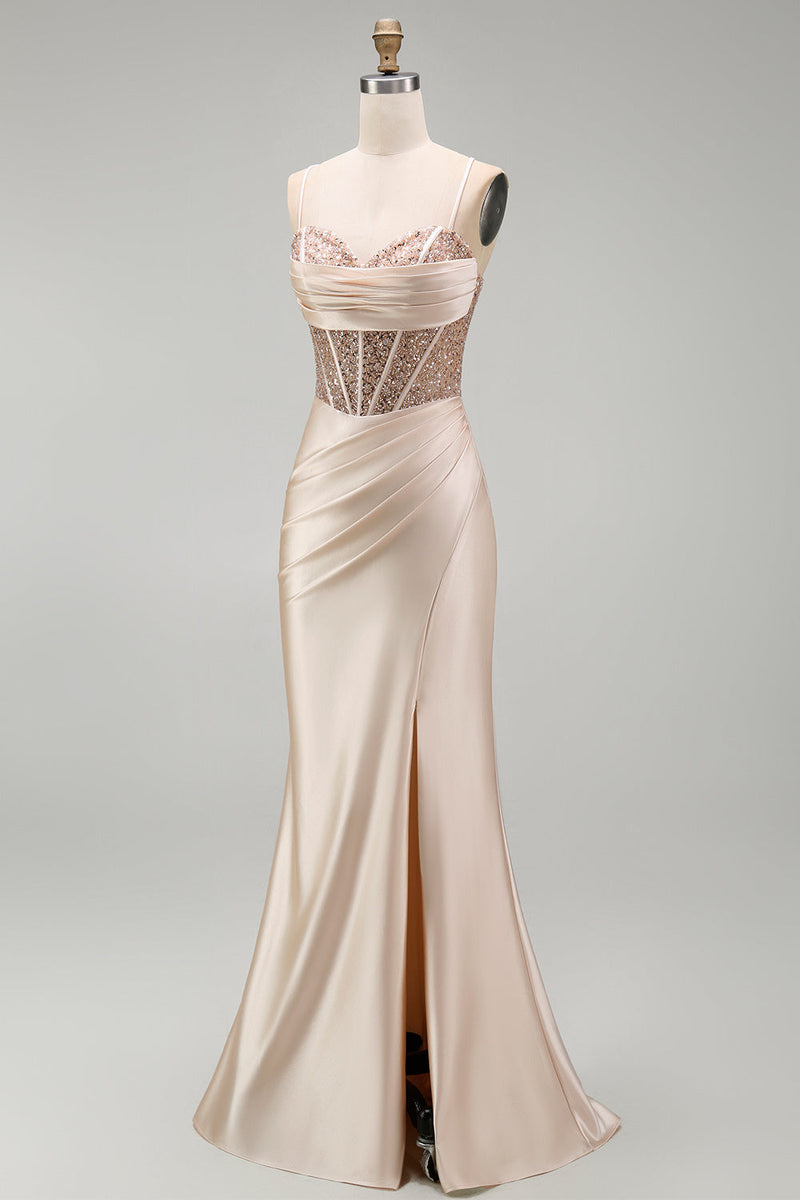 Load image into Gallery viewer, Sparkly Champagne Beaded Corset Mermaid Long Prom Dress with Slit