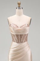 Load image into Gallery viewer, Sparkly Champagne Beaded Corset Mermaid Long Prom Dress with Slit