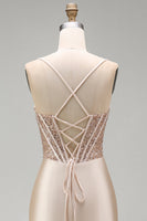 Load image into Gallery viewer, Sparkly Champagne Beaded Corset Mermaid Long Prom Dress with Slit