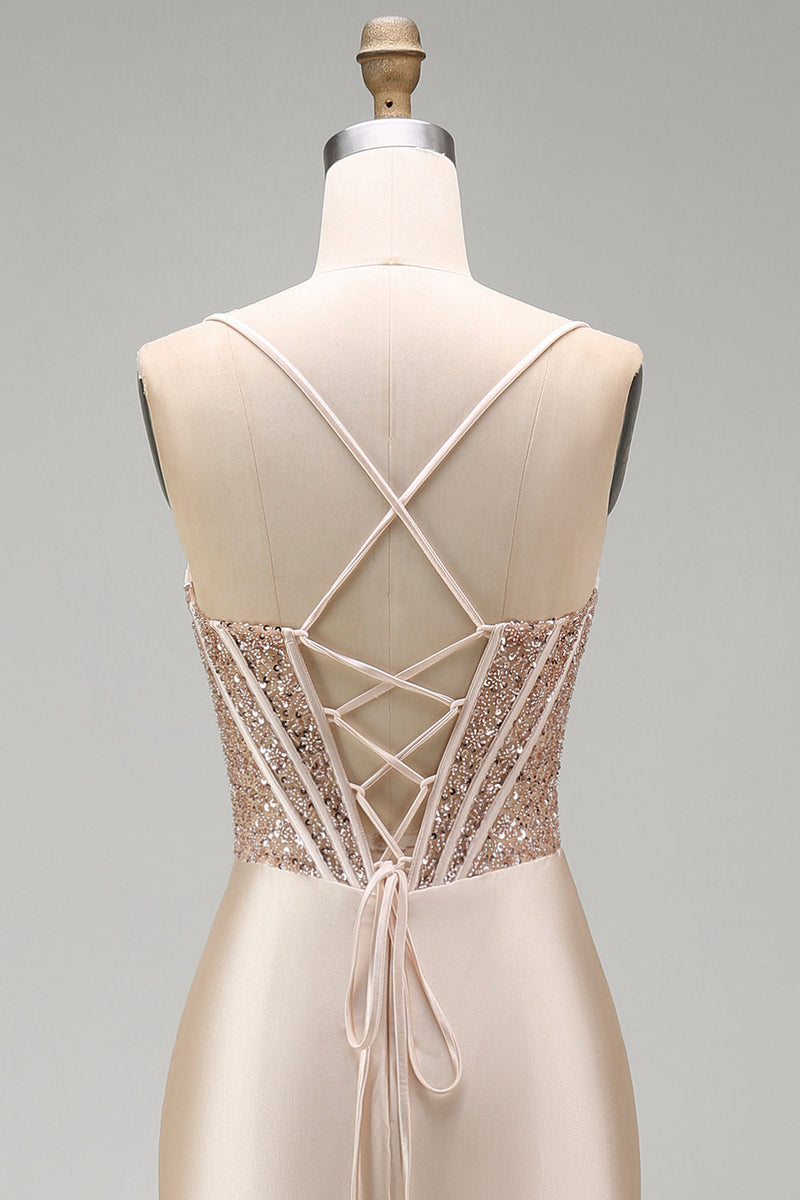 Load image into Gallery viewer, Sparkly Champagne Beaded Corset Mermaid Long Prom Dress with Slit