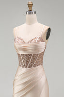 Load image into Gallery viewer, Sparkly Champagne Beaded Corset Mermaid Long Prom Dress with Slit