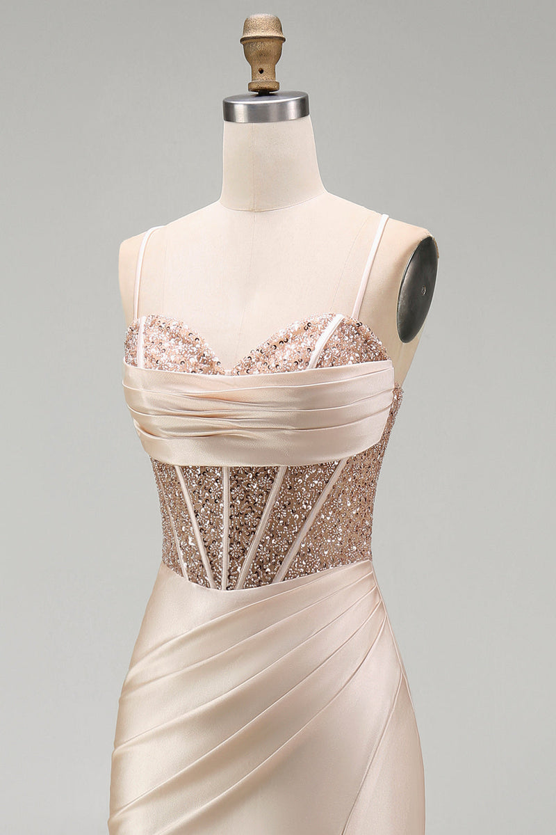 Load image into Gallery viewer, Sparkly Champagne Beaded Corset Mermaid Long Prom Dress with Slit