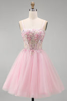 Load image into Gallery viewer, Pink A-Line Tulle Spaghetti Straps Corset Short Cocktail Dress