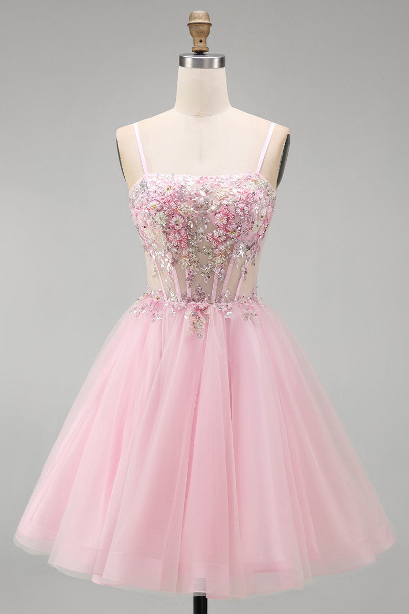 Load image into Gallery viewer, Pink A-Line Tulle Spaghetti Straps Corset Short Cocktail Dress