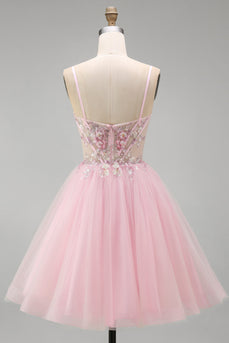 Pink A-Line Tulle Spaghetti Straps Corset Short Cocktail Dress