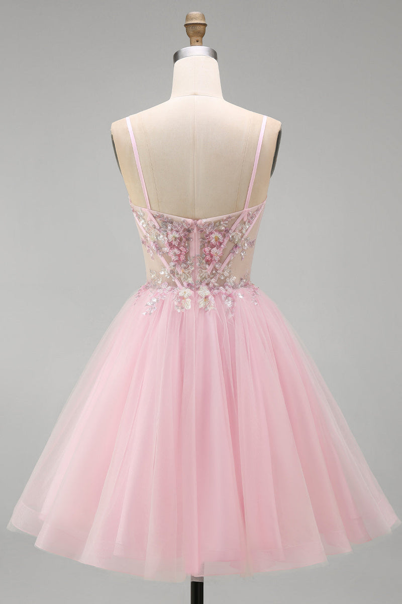 Load image into Gallery viewer, Pink A-Line Tulle Spaghetti Straps Corset Short Cocktail Dress