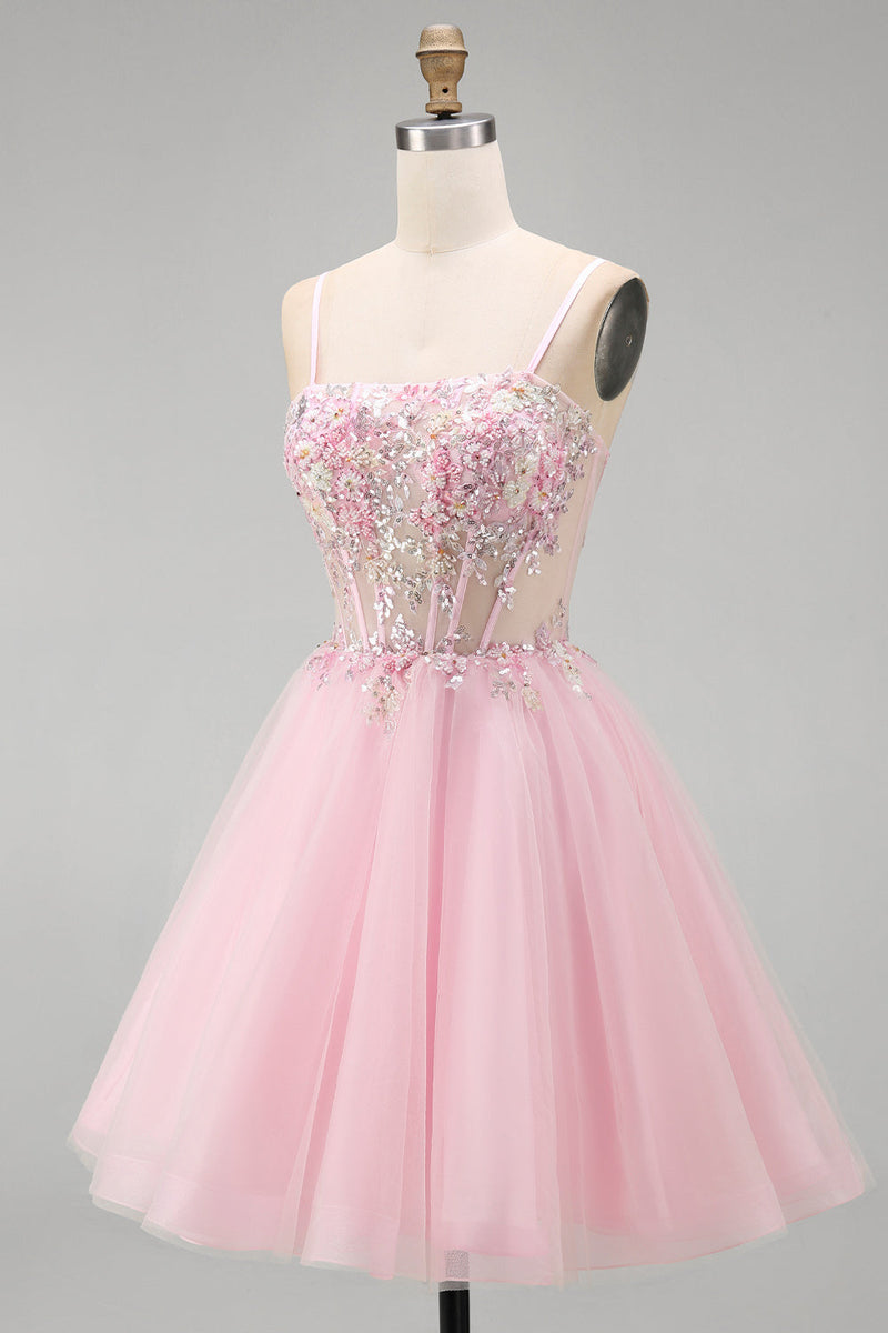 Load image into Gallery viewer, Pink A-Line Tulle Spaghetti Straps Corset Short Cocktail Dress