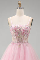 Load image into Gallery viewer, Pink A-Line Tulle Spaghetti Straps Corset Short Cocktail Dress