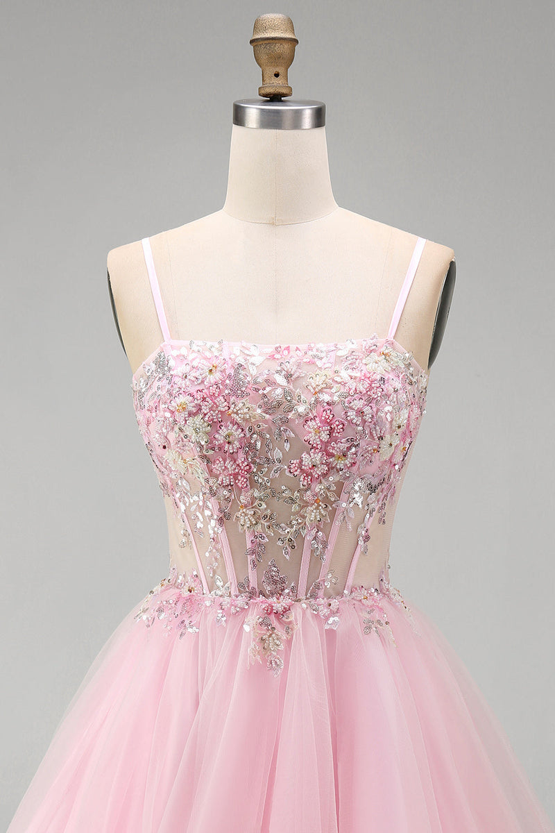Load image into Gallery viewer, Pink A-Line Tulle Spaghetti Straps Corset Short Cocktail Dress