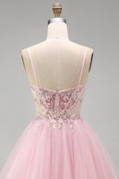 Load image into Gallery viewer, Pink A-Line Tulle Spaghetti Straps Corset Short Cocktail Dress