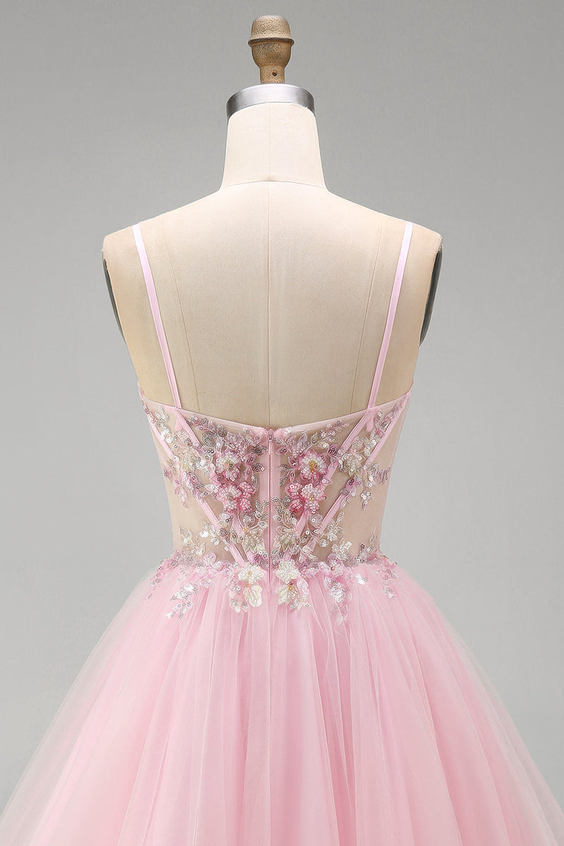 Load image into Gallery viewer, Pink A-Line Tulle Spaghetti Straps Corset Short Cocktail Dress