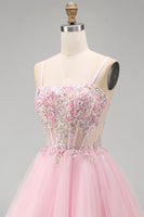 Load image into Gallery viewer, Pink A-Line Tulle Spaghetti Straps Corset Short Cocktail Dress