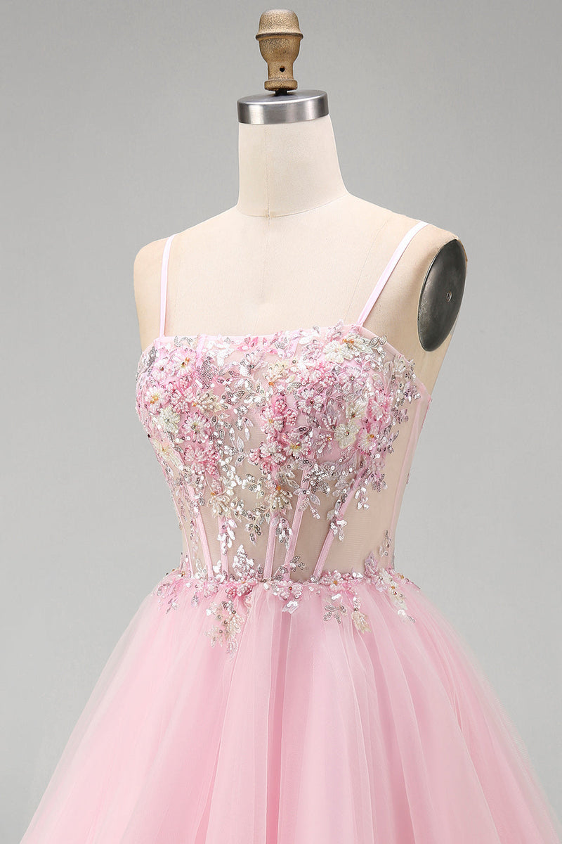 Load image into Gallery viewer, Pink A-Line Tulle Spaghetti Straps Corset Short Cocktail Dress