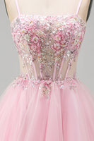 Load image into Gallery viewer, Pink A-Line Tulle Spaghetti Straps Corset Short Cocktail Dress