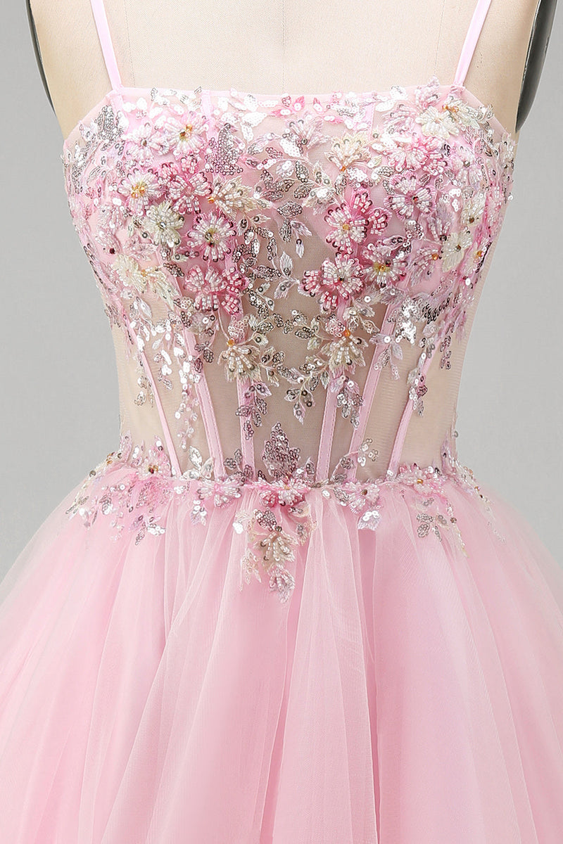 Load image into Gallery viewer, Pink A-Line Tulle Spaghetti Straps Corset Short Cocktail Dress