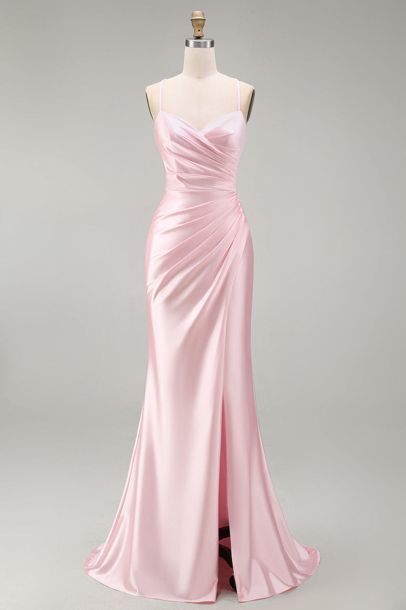 Load image into Gallery viewer, Pink Mermaid Ruched Satin Spaghetti Straps Long Prom Dress with Slit