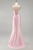 Load image into Gallery viewer, Pink Mermaid Ruched Satin Spaghetti Straps Long Prom Dress with Slit