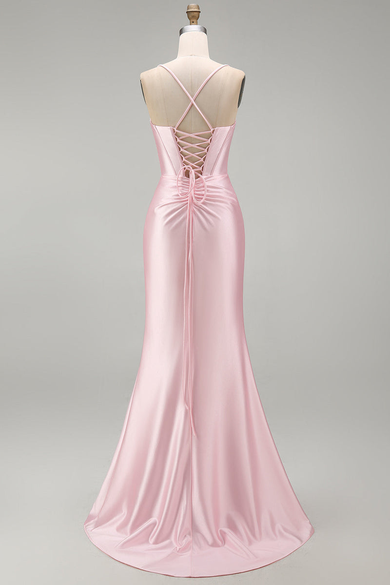Load image into Gallery viewer, Pink Mermaid Ruched Satin Spaghetti Straps Long Prom Dress with Slit