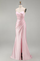 Load image into Gallery viewer, Pink Mermaid Ruched Satin Spaghetti Straps Long Prom Dress with Slit