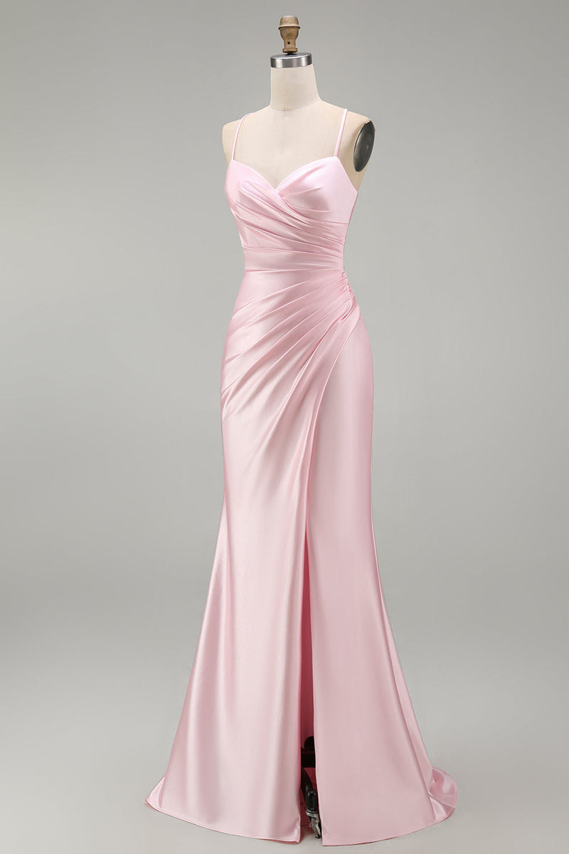 Load image into Gallery viewer, Pink Mermaid Ruched Satin Spaghetti Straps Long Prom Dress with Slit