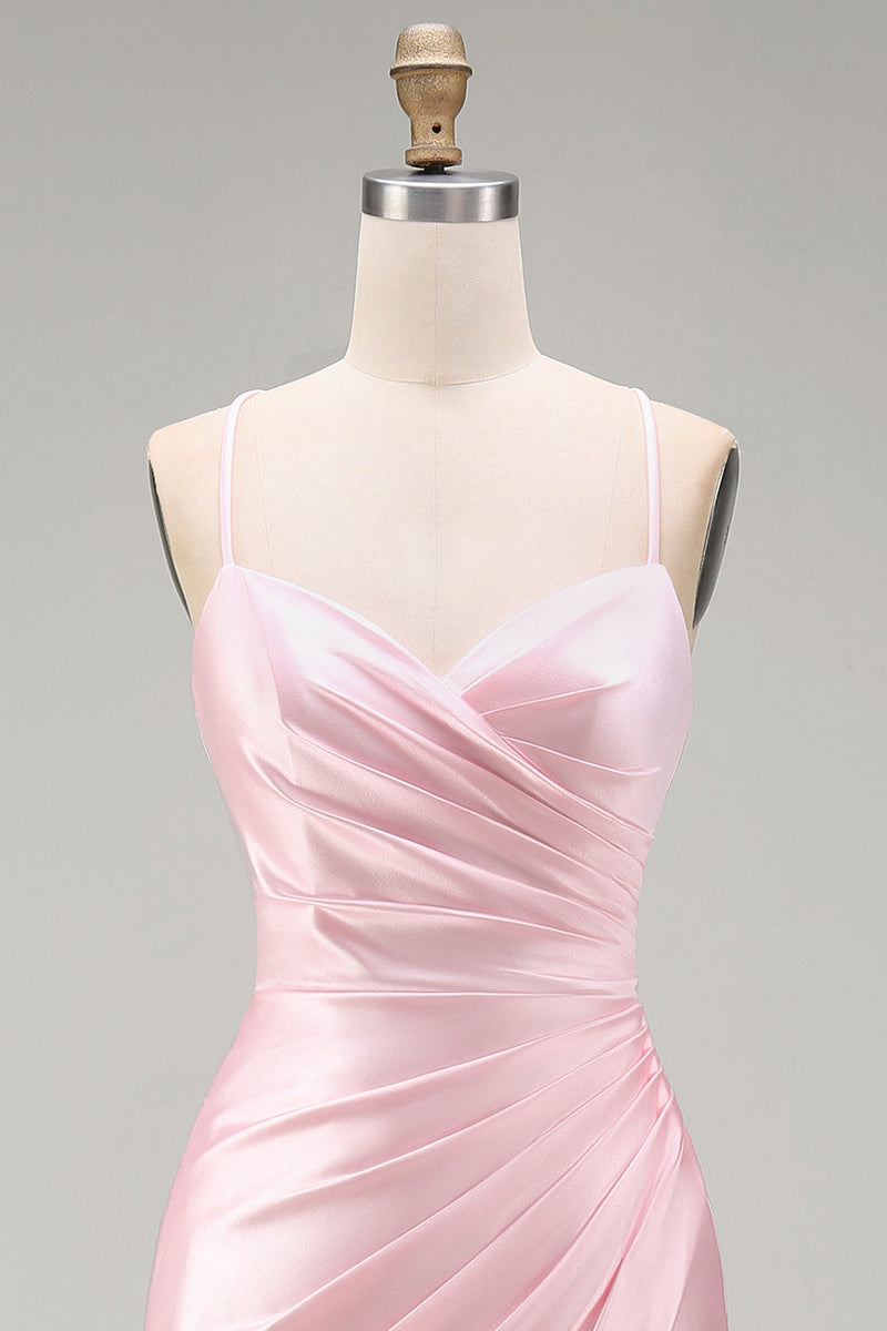 Load image into Gallery viewer, Pink Mermaid Ruched Satin Spaghetti Straps Long Prom Dress with Slit