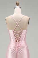Load image into Gallery viewer, Pink Mermaid Ruched Satin Spaghetti Straps Long Prom Dress with Slit