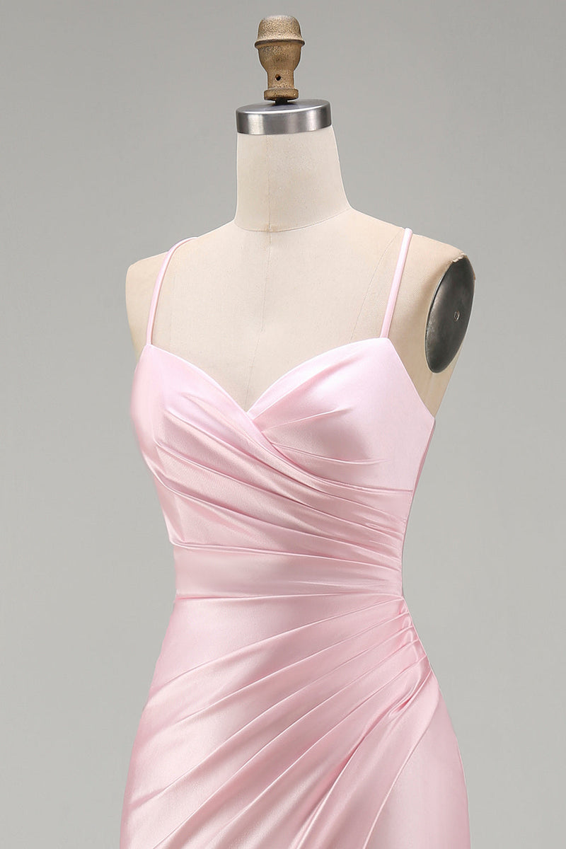 Load image into Gallery viewer, Pink Mermaid Ruched Satin Spaghetti Straps Long Prom Dress with Slit
