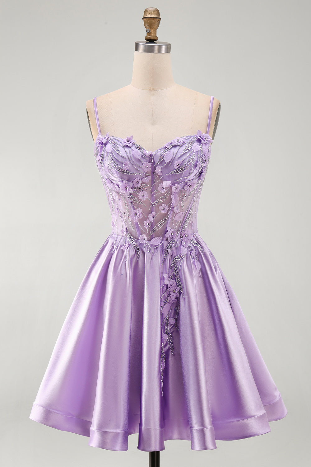 Sparkly Lilac Corset A Line Beaded Short Cocktail Dress with 3D Flowers