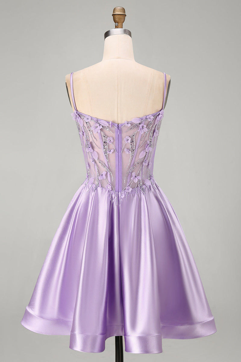 Load image into Gallery viewer, Sparkly Lilac Corset A Line Beaded Short Cocktail Dress with 3D Flowers
