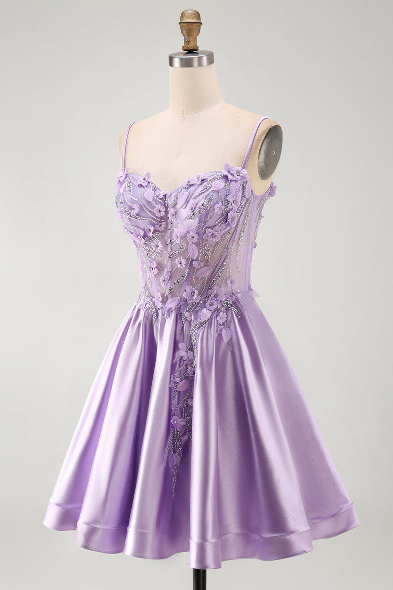 Load image into Gallery viewer, Sparkly Lilac Corset A Line Beaded Short Cocktail Dress with 3D Flowers