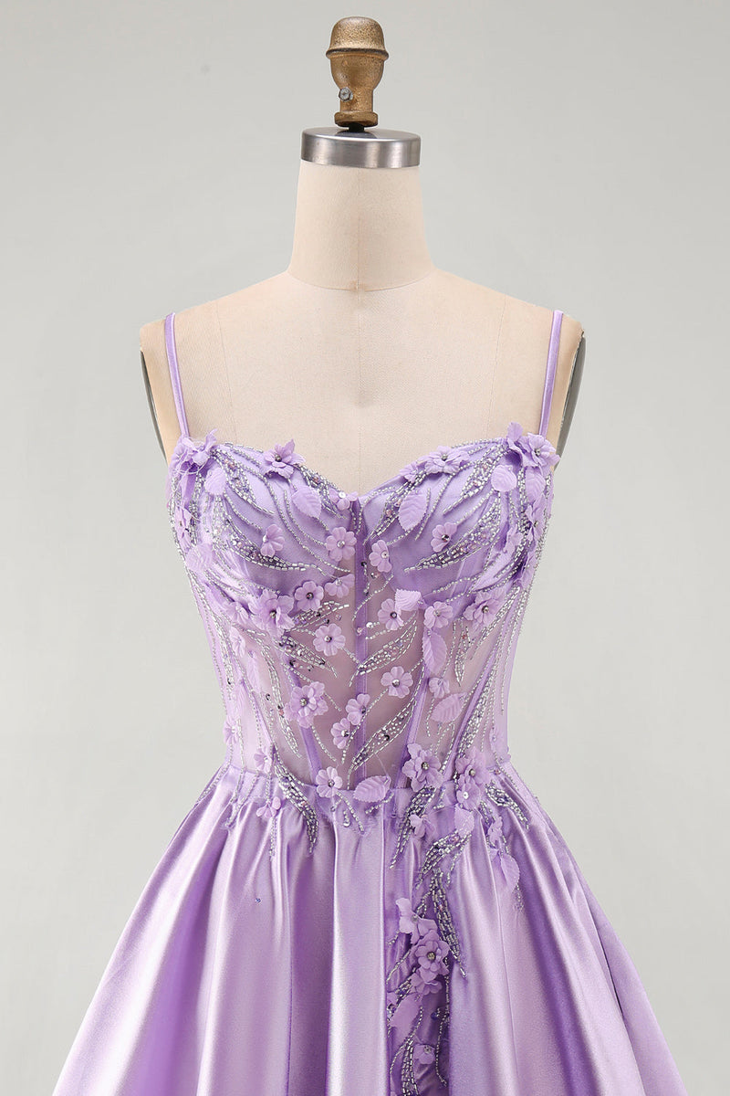 Load image into Gallery viewer, Sparkly Lilac Corset A Line Beaded Short Cocktail Dress with 3D Flowers