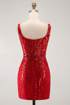 Burgundy Square Neck Sparkly Tight Short Cocktail Dress