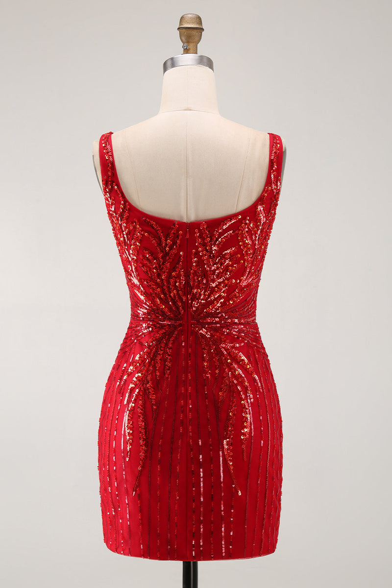 Load image into Gallery viewer, Burgundy Square Neck Sparkly Tight Short Cocktail Dress