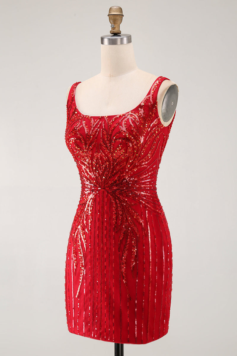Load image into Gallery viewer, Burgundy Square Neck Sparkly Tight Short Cocktail Dress