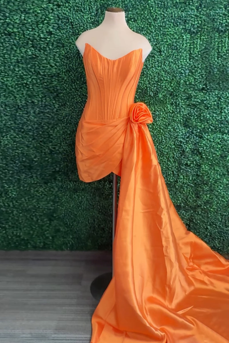 Load image into Gallery viewer, Orange Floral Strapless Corset Tight Short Cocktail Dress with Side Cape