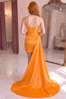 Orange Floral Strapless Corset Tight Short Cocktail Dress with Side Cape