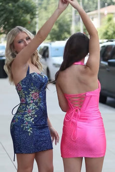 Fuchsia Sparkly Corset Halter Bodycon Short Cocktail Dress with Slit