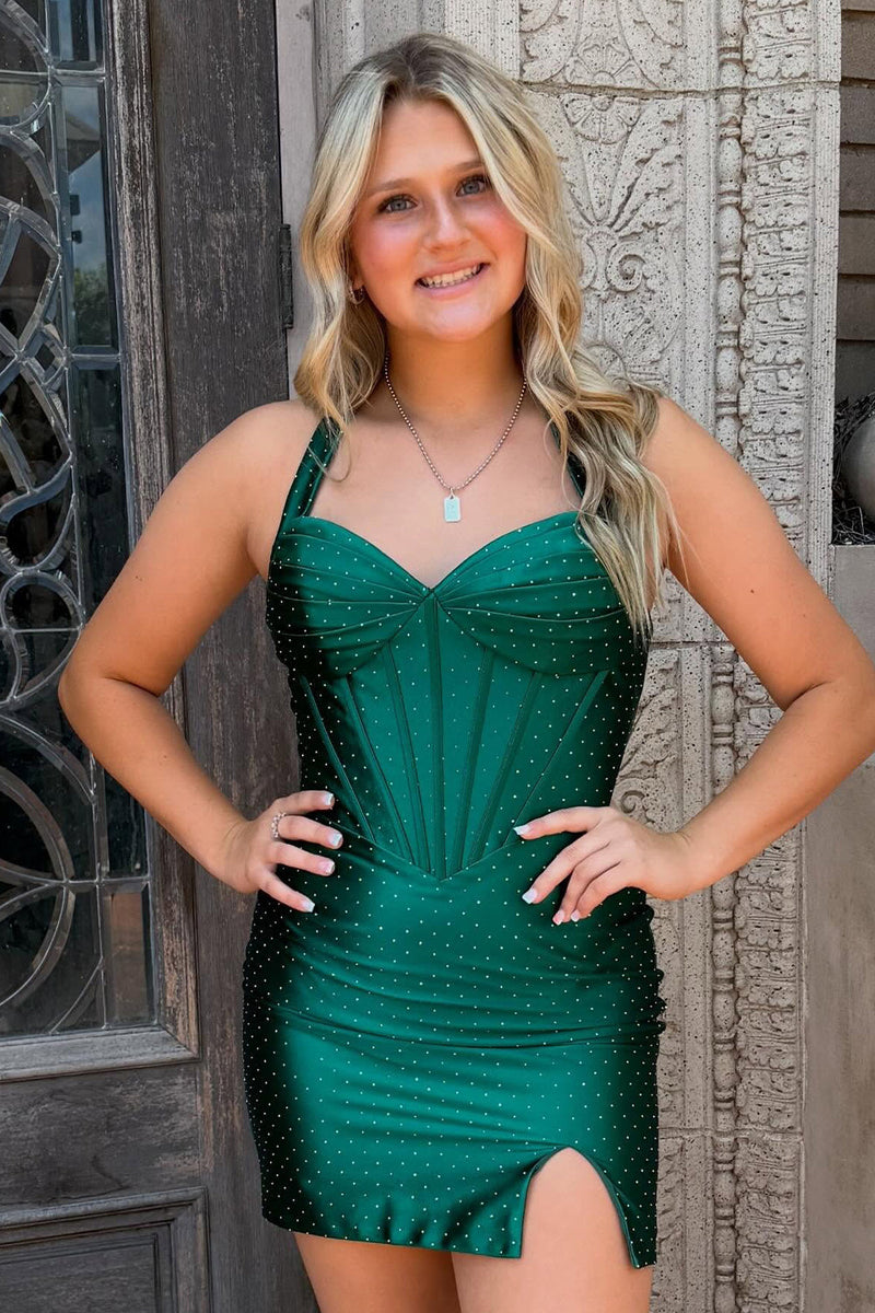 Load image into Gallery viewer, Sparkly Dark Green Beaded Corset Halter Tight Short Cocktail Dress
