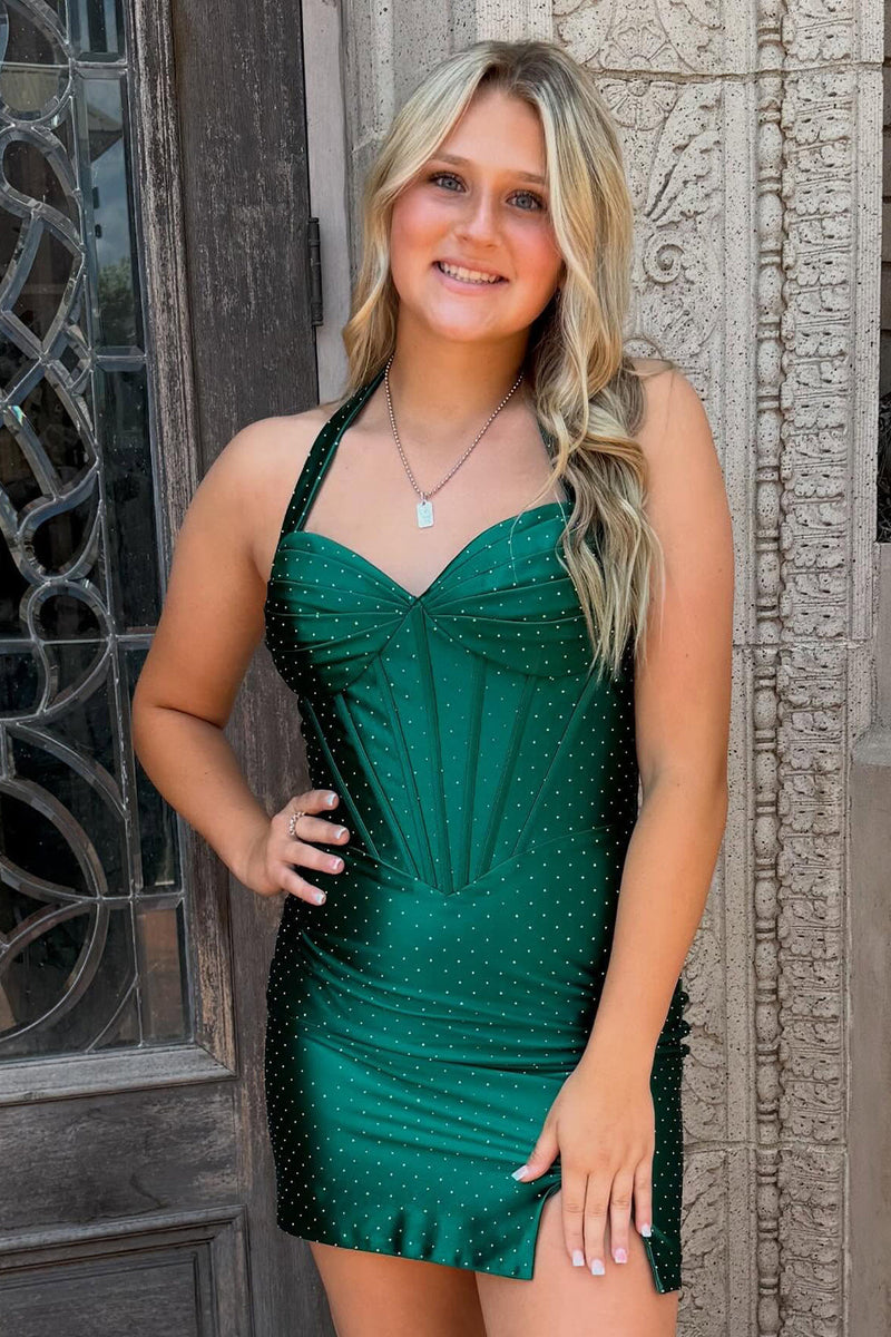 Load image into Gallery viewer, Sparkly Dark Green Beaded Corset Halter Tight Short Cocktail Dress