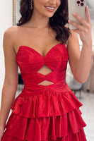 Load image into Gallery viewer, Dark Red Strapless Cut Out Ruffled Short Cocktail Dress